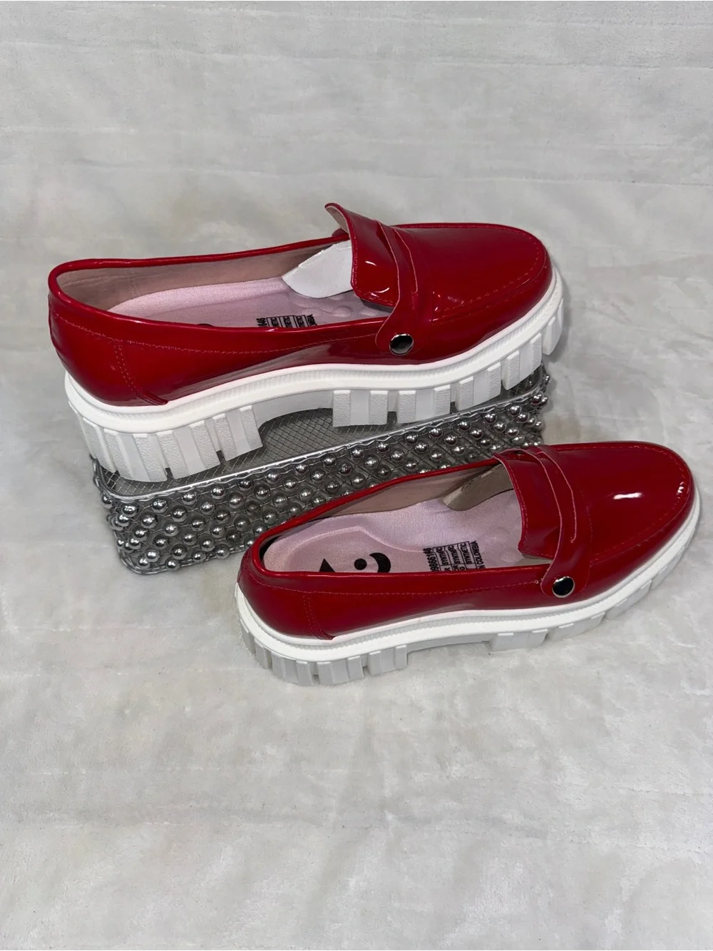 Patent Red Platform Loafers with Chunky White Sole size 8W